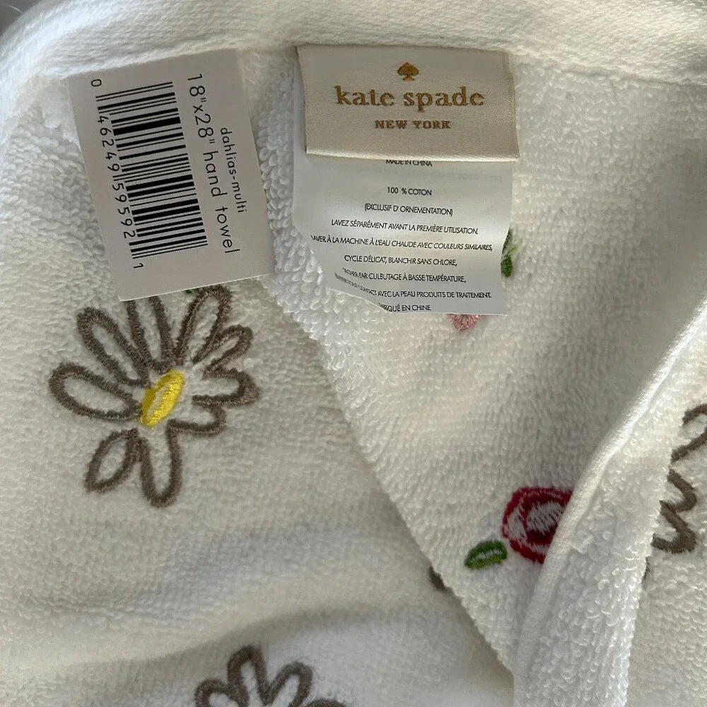 NWT KATE SPADE New York 1 Bright White/Flowers Hand Towel cotton NOS Rare